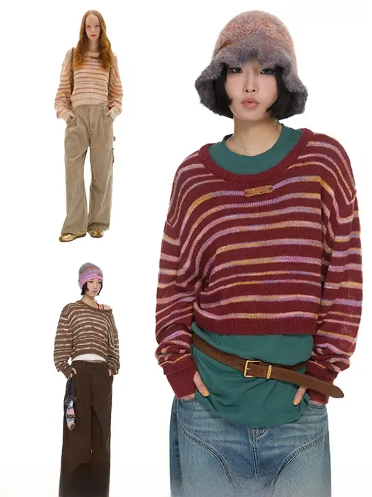 ビビッドカラーのストライプセーター【大きめシルエット・ラウンドネック・秋冬用】