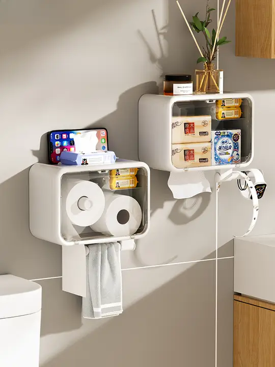 壁掛け式 トイレットペーパーボックス【穴あけ不要・防水・洗面用タオル収納】