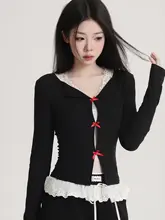 レディース 長袖ニットTシャツ【黒・レースデザイン・フィット感・春秋用】