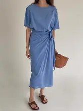 夏用 レディース ドレープデザインのウエストリボン付きミディドレス【ラウンドネック・半袖】