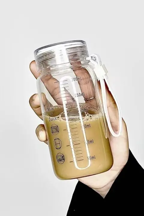 耐熱ガラス製牛乳カップ【学生用・携帯便利・電子レンジ対応・蓋付き・目盛り付き】