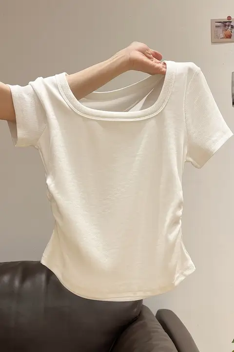 女性用アーチヘムウエスト絞り短袖Tシャツ【夏用・フレンチスタイル・スクエアネック】