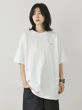 フレンチスタイルのゆったりとしたクルーネックプリントTシャツ【女性用・純色・夏用・綿100%・半袖】