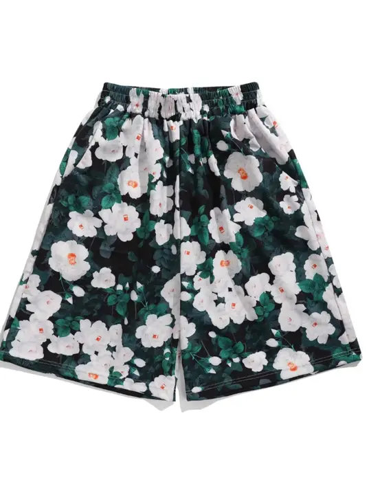 リゾート風レトロフラワー柄ショートパンツ【ゆったりとしたフィット・夏用・カジュアルデザイン】（セットアップ対応）