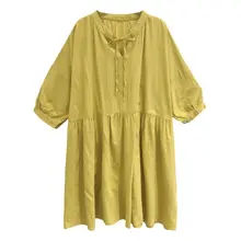 夏用 大きいサイズの短袖リボン付きコットンリネンワンピース【ルーズフィット・中長丈】（セットアップ対応）