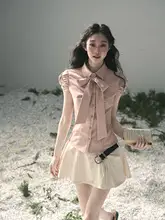 バタフライボウ付きフレンチスタイルブラウス【パフスリーブ・スリムフィット・春用】