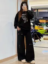 美ラインのブラックワイドレッグデニムパンツ【アメリカンストリートスタイル・大きいサイズ・体型カバー】（セットアップ対応）