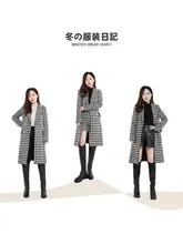 千鳥格子デザインのウールロングコート【スーツラペル・冬用・女性用】