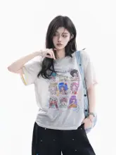 鬼馬カートゥーンプリントTシャツ【彩線肌理デザイン・ルーズフィット・カップル用】