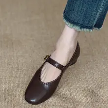 柔らかい羊革製 マリージェーンシューズ【編み込み・ラウンドトゥ・中ヒール・通勤用】