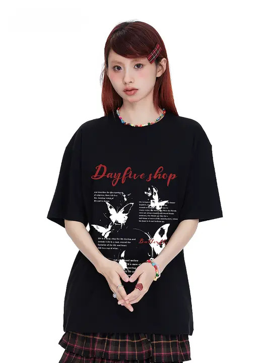 アメリカンヴィンテージ蝶デザイン半袖Tシャツ【ユニセックス・ヒップホップスタイル・夏用】（セットアップ対応）