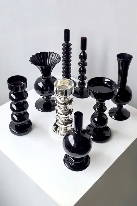 高級感のある黒ガラス花瓶とキャンドルスタンド【インテリア装飾・リビング・ダイニング用】