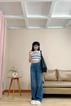 ゆったりとした大きいサイズのハイウエストデニムワイドパンツ【長ズボン・レディース・トレンド】（セットアップ対応）