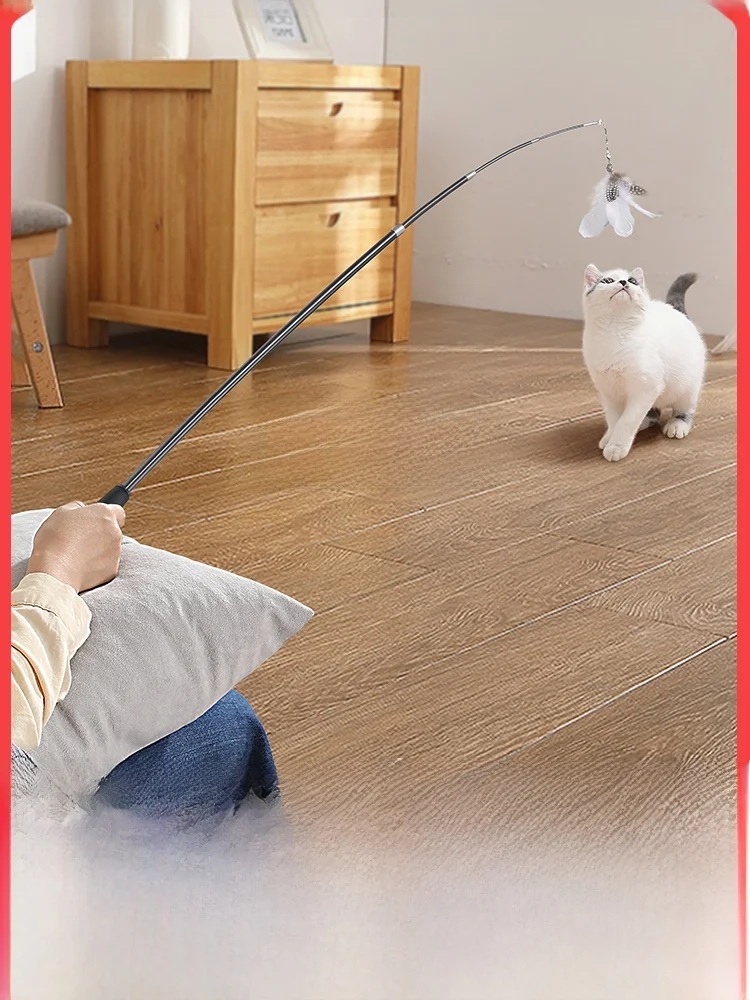 伸縮可能な長い猫用おもちゃ：釣り竿型フェザー付きの実用性と使用シーン