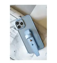 スマホケース クリア TPU ソフト 本革ストラップ 全包囲 シエラブルー パールブルー iPhone 14 Pro Max 13 対応