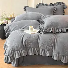 冬季用厚手ミルクフランネル蝶デザインのフレンチスタイル四点セット【ピンク・レース付き】（セットアップ対応）