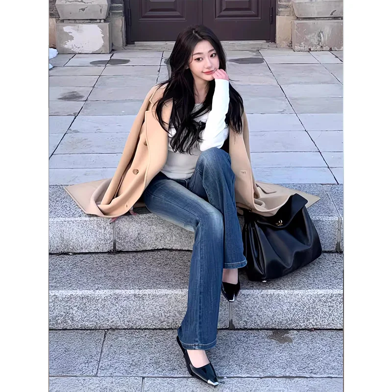 175cm対応 レディース 美容デニムパンツ【アメリカンスタイル・ロング・深い青・フレアロングパンツ】