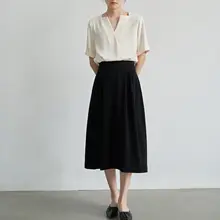 LIMONN デザイン性のあるVネック夏用ショートスリーブシフォンブラウス【通勤・ビジネス対応】