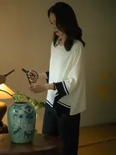 撞色デザインの九分袖シフォンブラウス【女性用・ゆったりシルエット・秋用】（セットアップ対応）