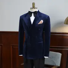 深宝青色のダブルブレスト金丝绒スーツ【ビジネス用・タイトフィット・フォーマル】