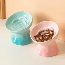 渐変猫用陶器高脚ボウル【傾斜口・首を守る・ペット用】