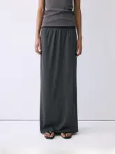 夏用 コットン混紡のウエストゴム付きストレートロングスカート【後ろスリットデザイン・優雅なシルエット】