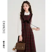 チェック柄の長袖ワンピース【秋冬用・甘い学院風・セットアップ対応】