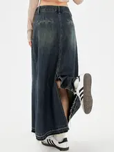 レトロなデニムハイウエストミディスカート【Aライン・スリット入り・秋冬用】（セットアップ対応）