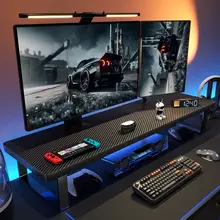 デスクトップPC用 モニター昇降スタンド【カーボンファイバー・収納機能付き・ノートパソコン用】