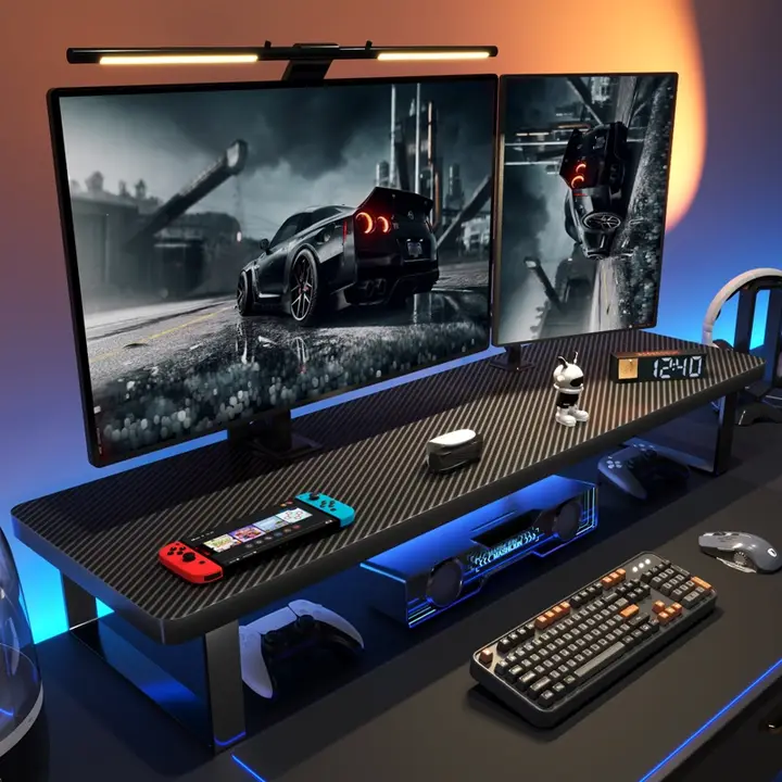 デスクトップPC用 モニター昇降スタンド【カーボンファイバー・収納機能付き・ノートパソコン用】