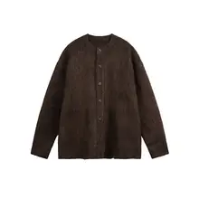 秋向けレトロスタイルのカーディガン【マホケ毛・ボタン付き・ゆったりデザイン・秋冬用】