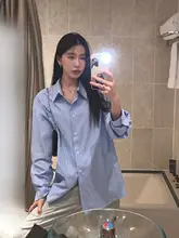 シャツ レディース 長袖 ブルーストライプ ルーズ カジュアル きれいめ 重ね着 春秋「pusumede」