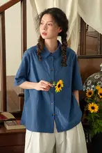 リボンデザインの薄手チェック柄シャツ【ブルー・夏用・コットン・カジュアル】