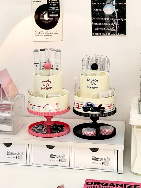 デスク用回転ペン立て収納ボックス【学生・子供用・文房具整理・仕切り付き】