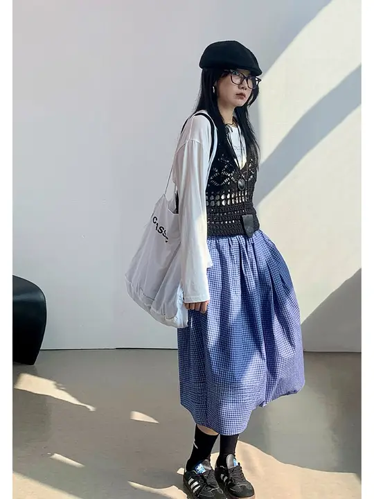 グレーのチェック柄ハイウエストチュールスカート【ブルー・中長丈・女性用】