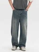 デニムパンツ ユニセックス グラフィティ ぼかし デコンストラクション ワイド カーブドヘム アメリカンスタイル ストリート 着回し 「bosie」
