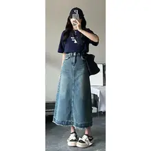ハイウエストAラインデニムスカート【大きいサイズ・エラスティックウエスト・梨型体型対応】