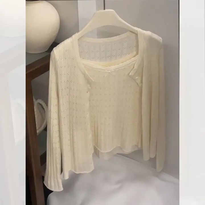 春秋用長袖ニットカーディガン【小柄向け・ゆったりしたスタイル・ボトム付】（セットアップ対応）