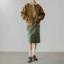COUDRE フランス風 レトロ山系スタイルの緑色前ボタンコットンスカート