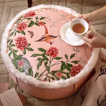 花鳥デザインの中華風スツール【ピンク・丸形・極上の柔らかさ・洗濯可能】