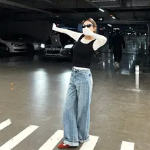 清涼感あふれる水洗い天絲コットンデニムパンツ【ストレート・ワイドレッグ・女性用】