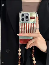スマホケース iPhone対応 ストラップ付き 斜め掛け ショルダー 手提げ チェーン カメラ保護 四角 ヴィンテージ ブラウン ストライプ おしゃれ