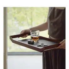 レトロデザインの無垢材製トレイ【皮革仕上げ・玄関収納用】