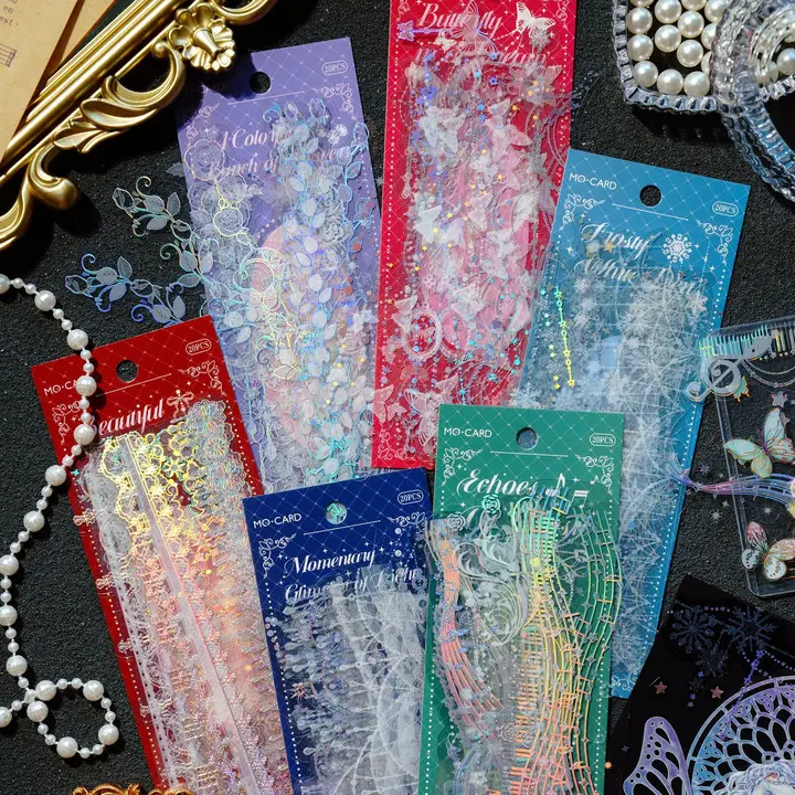 レトロデザインの防水デコレーションステッカー【白色・PET製・長方形・DIY手帳用】