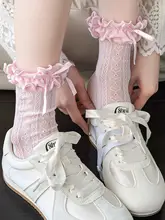 愛らしいハート柄のミルクホワイトの中筒ソックス【春夏用・薄手・フリル付き・カフェブラウン】（セットアップ対応）