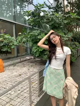 韓国風 ミントチェック柄 ハイウエストスカート【Aライン・夏用・学院風】（セットアップ対応）