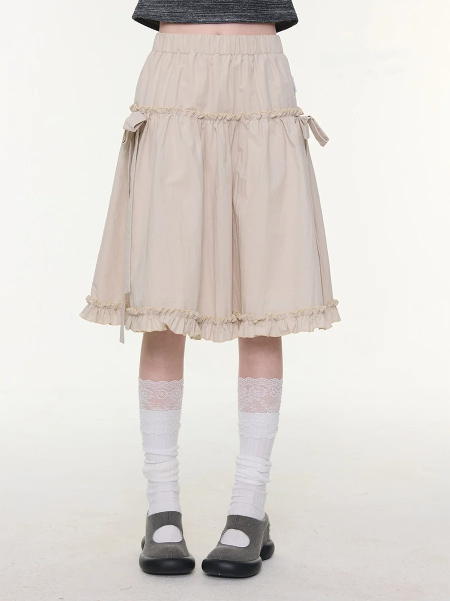 レトロなAラインハイウエストスカート【カキ色・リボン付き・春夏用】