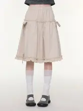 レトロなAラインハイウエストスカート【カキ色・リボン付き・春夏用】