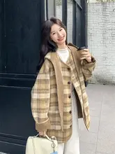 チェック柄スカーフ付きフード付きリバーシブルウールコート【春秋用・デザイン性・若返り効果】