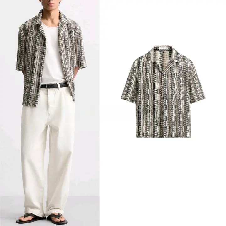 夏季リゾート風ボウリングシャツ【ジオメトリックパターン・短袖・ゆったりタイプ】